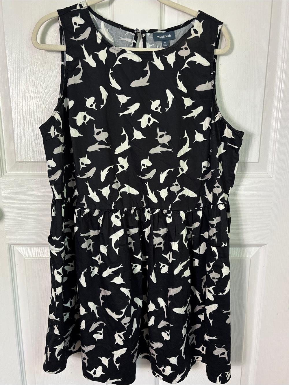 ModCloth Black & White Gray Shark Print Sleeveless Dress 100% Cotton Size 1X